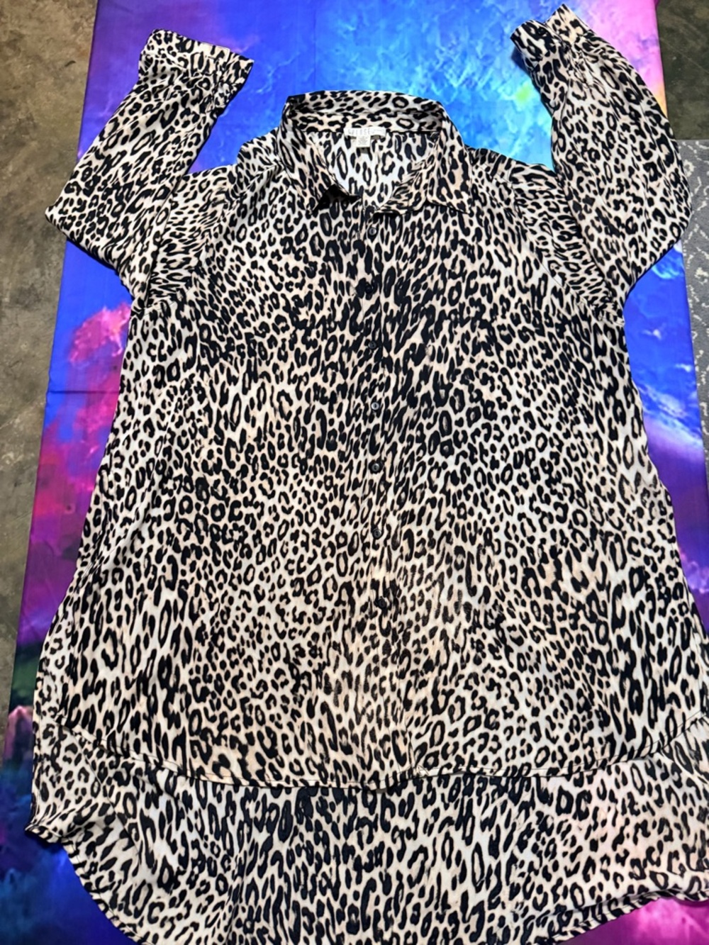 Spense Leopard Print Button-Front Blouse in Beige, Black & Brown with Long Back